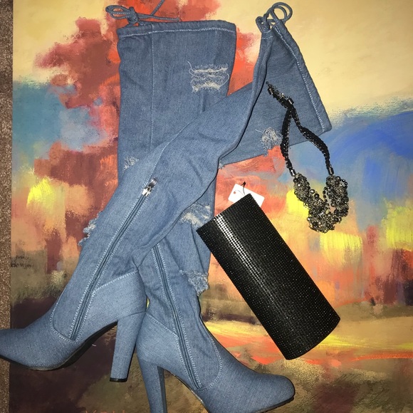 AMI Shoes - Distressed Denim Knee High Boots
